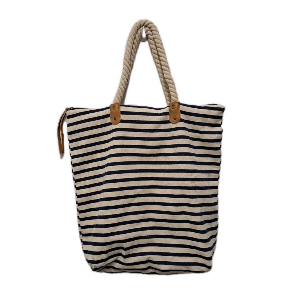 Summer & Rose Striped Tote Bag Blue & Natural Zip Top Lined Rope Handles Coastal
